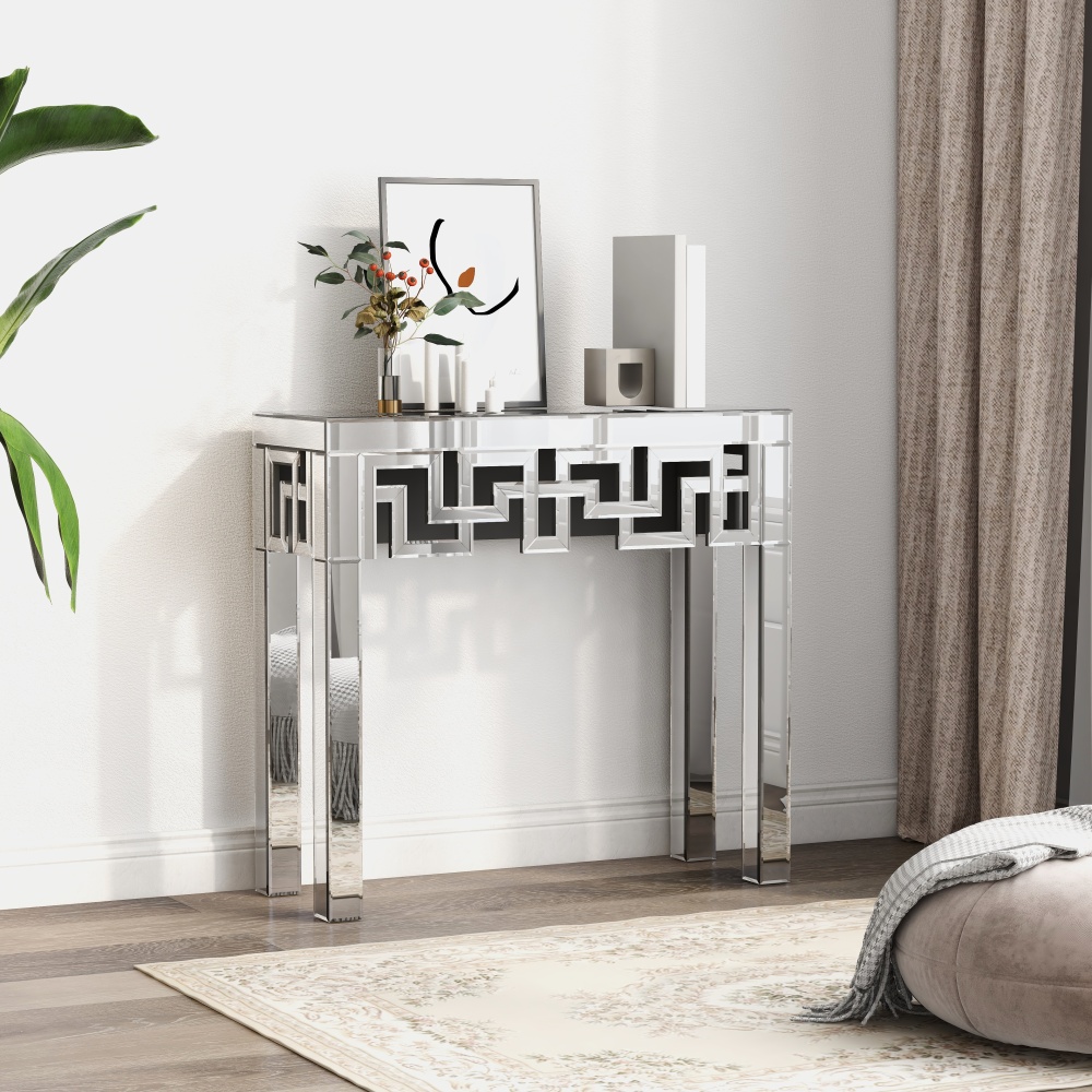 Silver Console Table with Mirrored Finished, Modern Glass Entryway Table Geometric Design