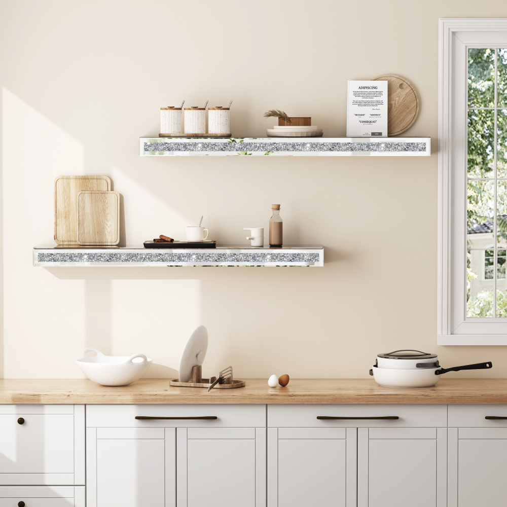 Fireplace Mantel, 48 Inch Mirrored Floating Shelf with Crystal Crushed Diamond Inlay / SF-TS132