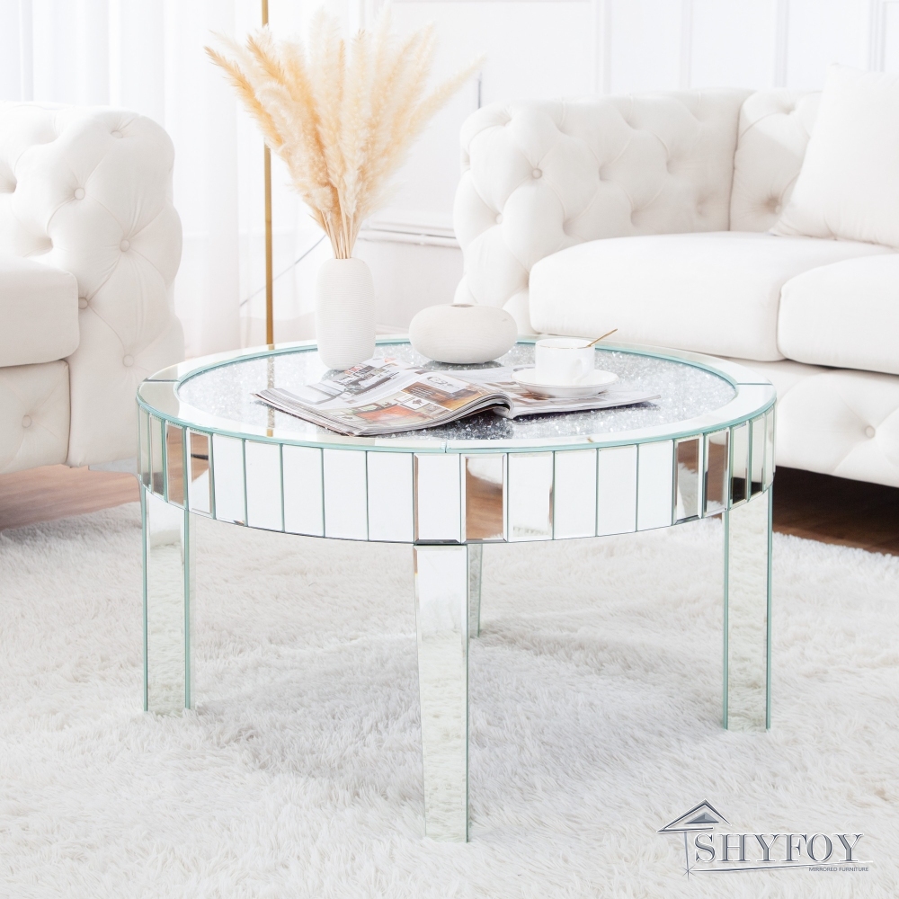 SHYFOY Diamonds Mirrored 4 Legs Glass Round Coffee Table / SF-CF094