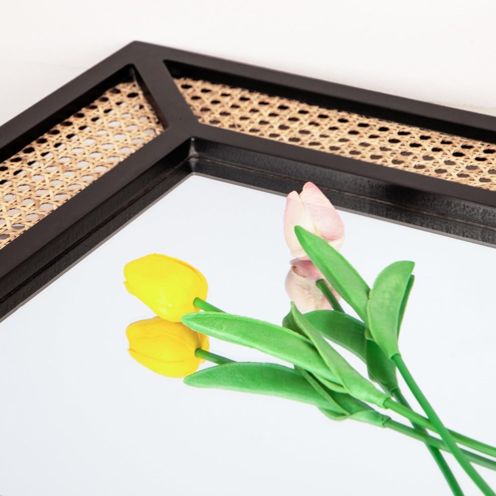 Rattan Mirror for Wall Decor Bohemian Rectangular Large Mirror, Boho Wall Mirror, Woven Wicker Hanging Mirror, 22x35 inches, Black