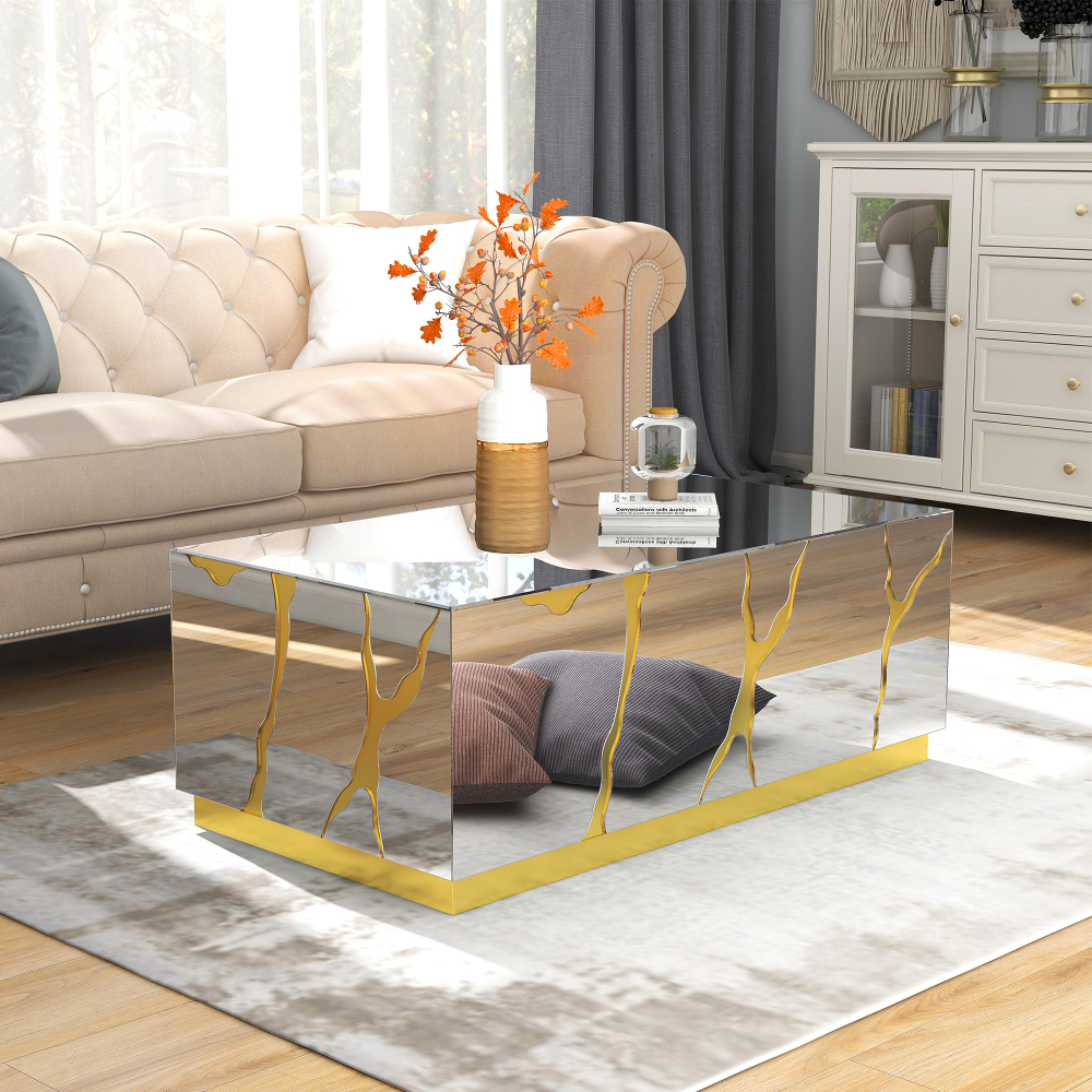 SHYFOY 39''W Mirrored Block Glass Rectangle Coffee Table With Unique Crackle Design