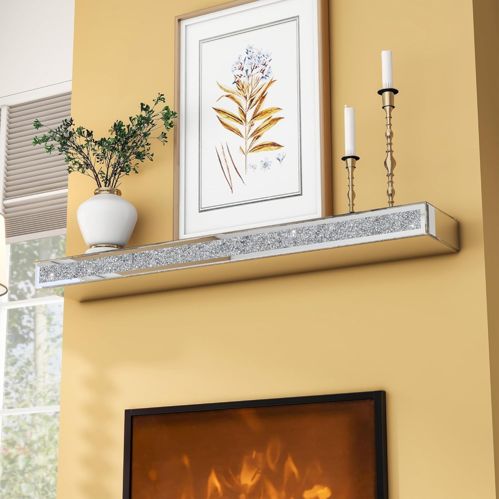 Fireplace Mantel, 48 Inch Mirrored Floating Shelf with Crystal Crushed Diamond Inlay / SF-TS132