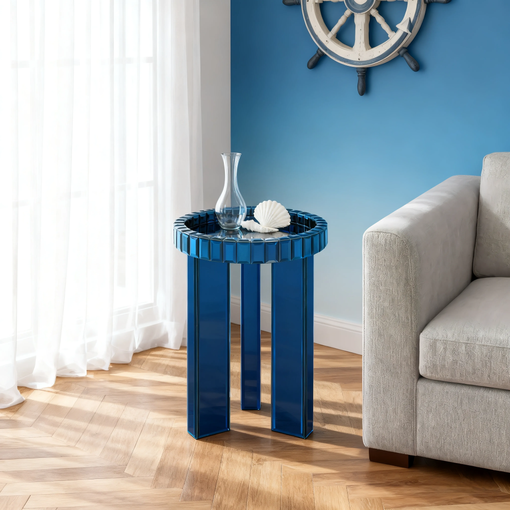 Blue Mirrored End Table, 23" H Round Glass Side Table with Three Legs, Modern Accent Table for Living Room