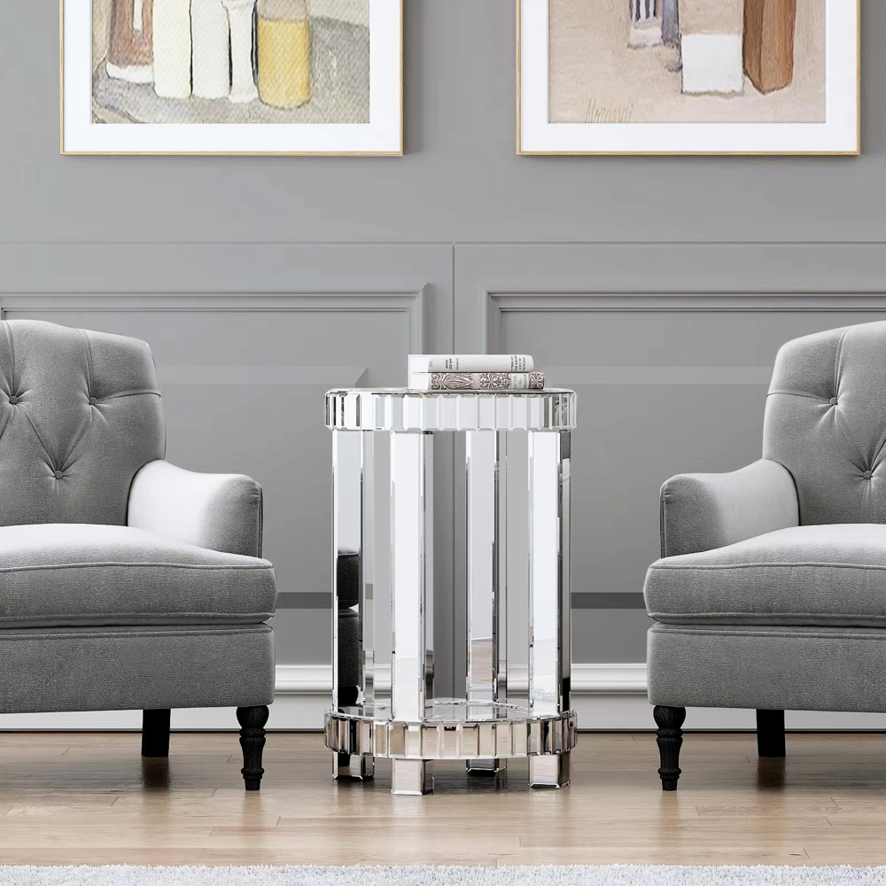 Mirrored End Table Round with Crystals Inlay, 2-Tier Modern Small Sofa Table with Storage