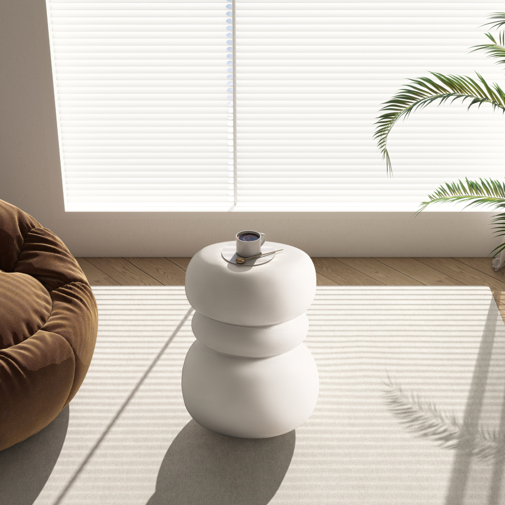 Modern Outdoor Side Table, Sculptural Patio Accent Table, White Concrete Look