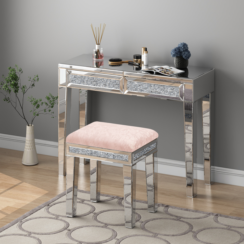 New Arrival Mirror Diamond Vanity Stool with Velvet Upholstered Seat Pink,Blue,Off-white,Light pink