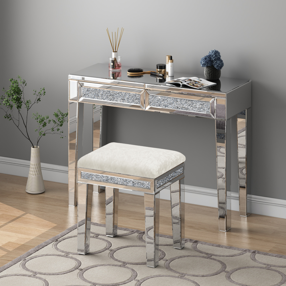 New Arrival Mirror Diamond Vanity Stool with Velvet Upholstered Seat Pink,Blue,Off-white,Light pink