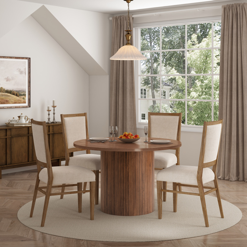 Round Fluted Pedestal Dining Table  Natural Walnut Brown