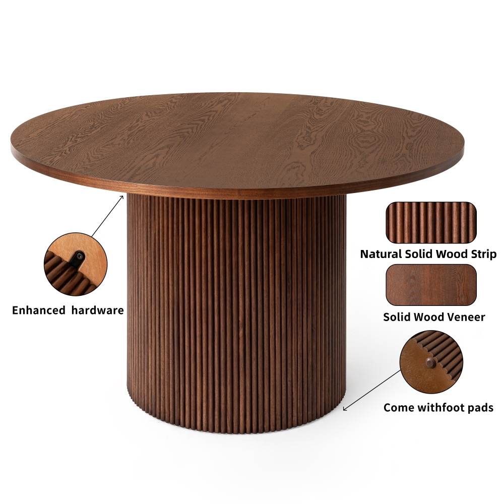Round Fluted Pedestal Dining Table  Natural Walnut Brown