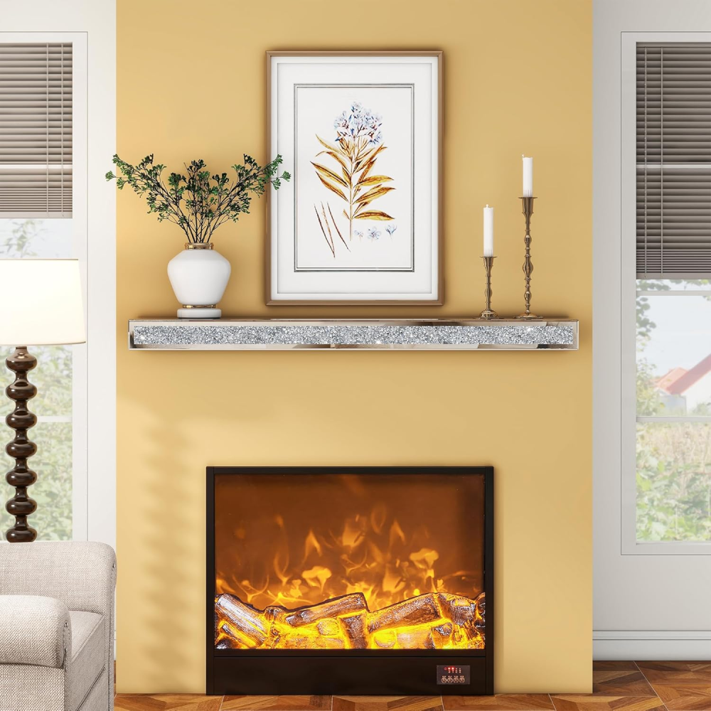 Fireplace Mantel, 48 Inch Mirrored Floating Shelf with Crystal Crushed Diamond Inlay / SF-TS132
