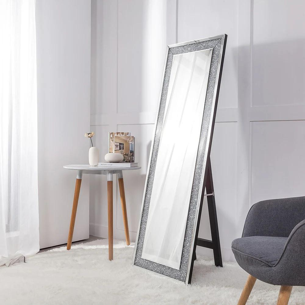 SHYFOY Sparkly Freestanding Long Mirror with Crushed Diamond, Rectangle Full Length Floor Mirror
