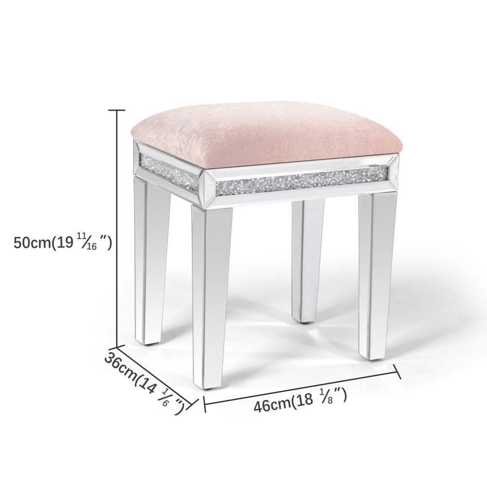 New Arrival Mirror Diamond Vanity Stool with Velvet Upholstered Seat Pink,Blue,Off-white,Light pink