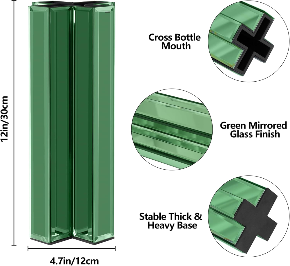 Green Glass Flower Vases for Home Decor, Living Room Table Kitchen Fireplace Decor
