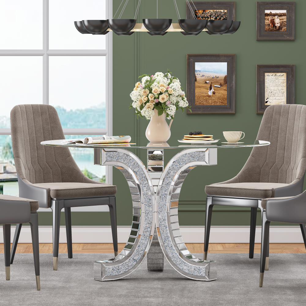 SHYFOY 52'' Mirror Glass Pedestal Dining Table with Tempered Glass Tabletop
