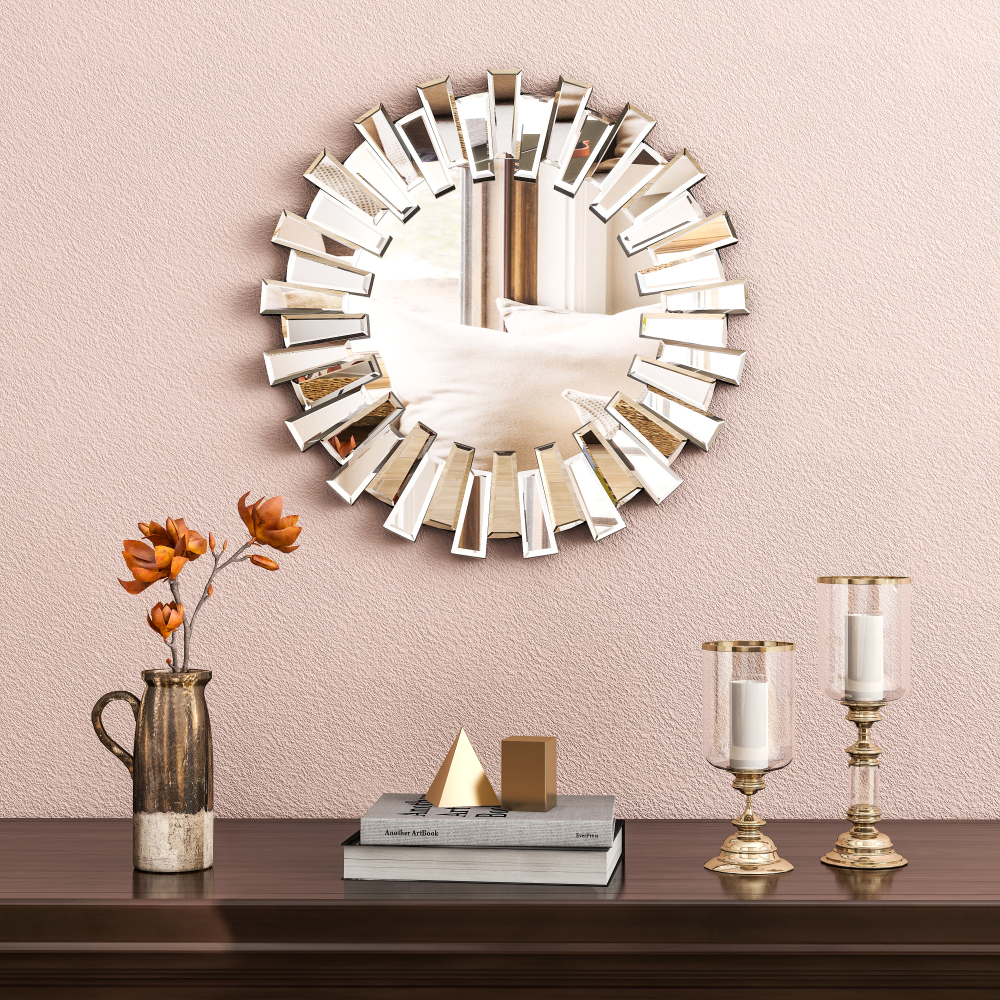 for Wall Home Decor Round Wall Mirror 32 inch Large Modern Silver Mirrors Glass Wall Art Sunburst Wall-Mounted Hanging Accent