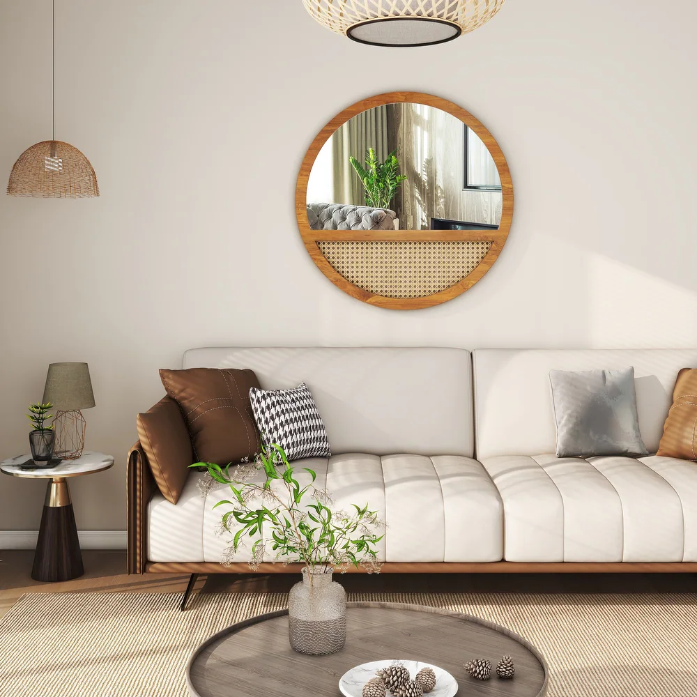 Rattan Round Mirror 24 Inch Bohemian Accent Wall Mirror - 24"×24" /SF-WM189