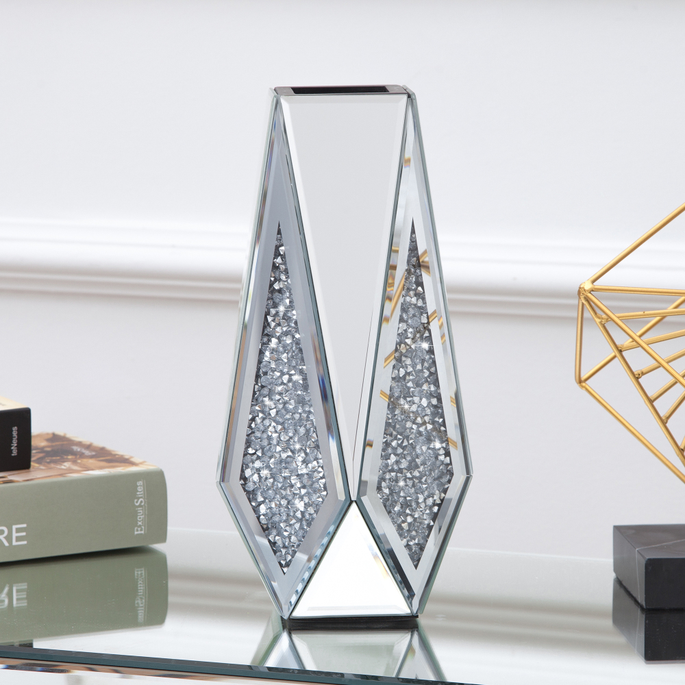 Crushed Diamond Mirror Vase Flower Vase, Silver Crystal Decorative Vase Glass Stunning Mirrored Vase Flower Luxury for Home Decor