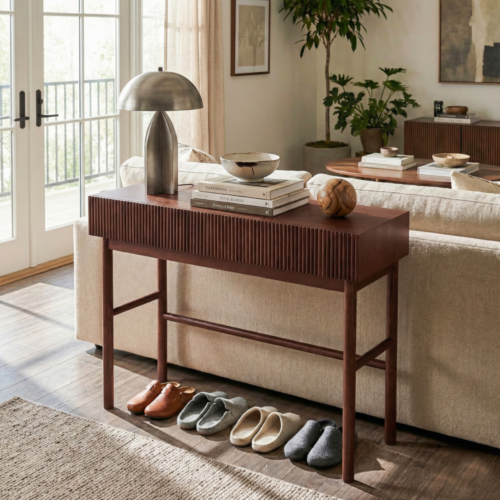Brown Solid Wood Console Table with 2-Drawer