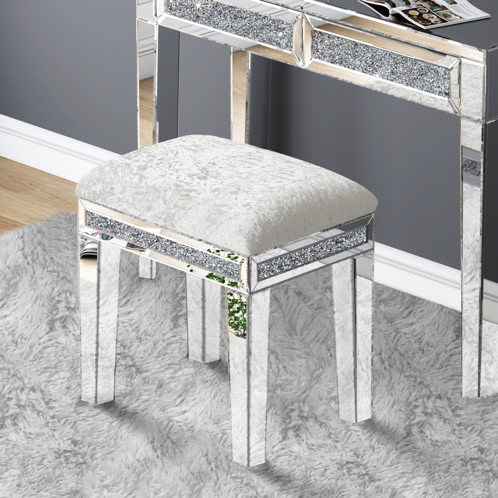 New Arrival Mirror Diamond Vanity Stool with Velvet Upholstered Seat Pink,Blue,Off-white,Light pink