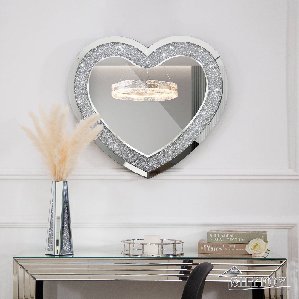 SHYFOY Heart Mirror for Wall Decor, Large Heart-Shape Wall Mirrors Crushed Diamond Decorative Crystal Wall Decor Mirrors for Living Room Bedroom Vanit