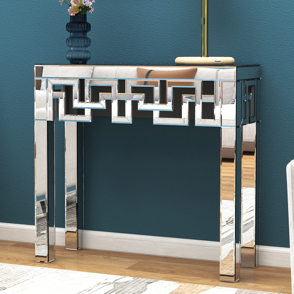 Silver Console Table with Mirrored Finished, Modern Glass Entryway Table Geometric Design