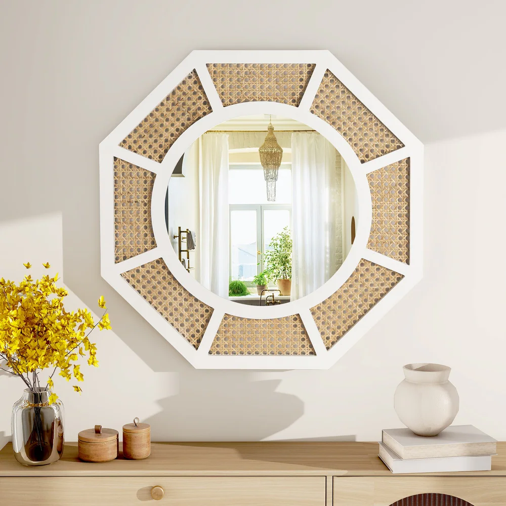 Large Rattan Mirror for Wall Decor Boho White Frame Wood /SF-WM188