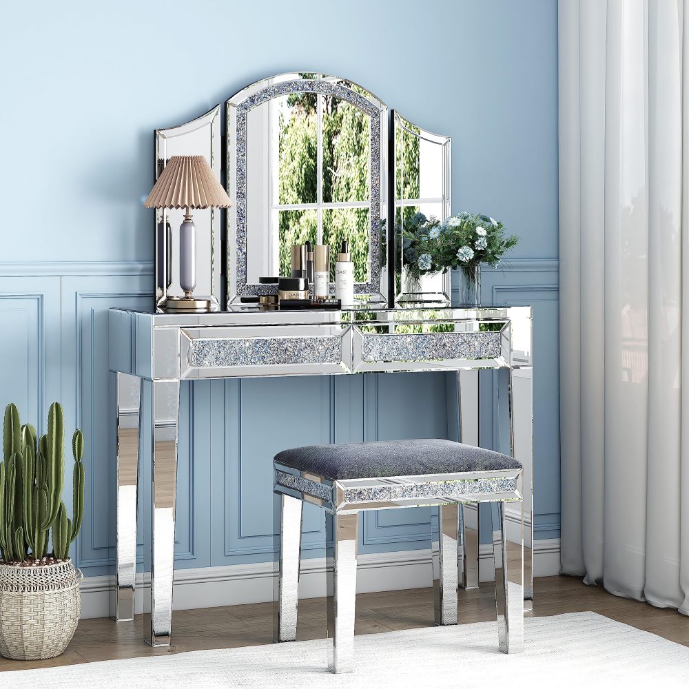 SHYFOY Trifold Mirror Vanity-Crushed Diamond 3 Way Mirror Bedrooms, Bathroom, Table top Mirror /SF-WM175