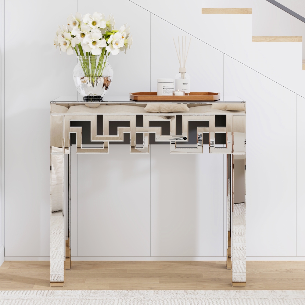 Silver Console Table with Mirrored Finished, Modern Glass Entryway Table Geometric Design