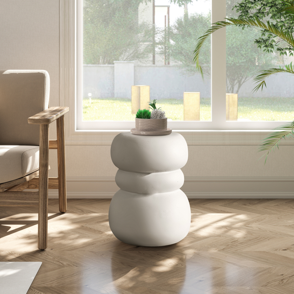 Modern Outdoor Side Table, Sculptural Patio Accent Table, White Concrete Look