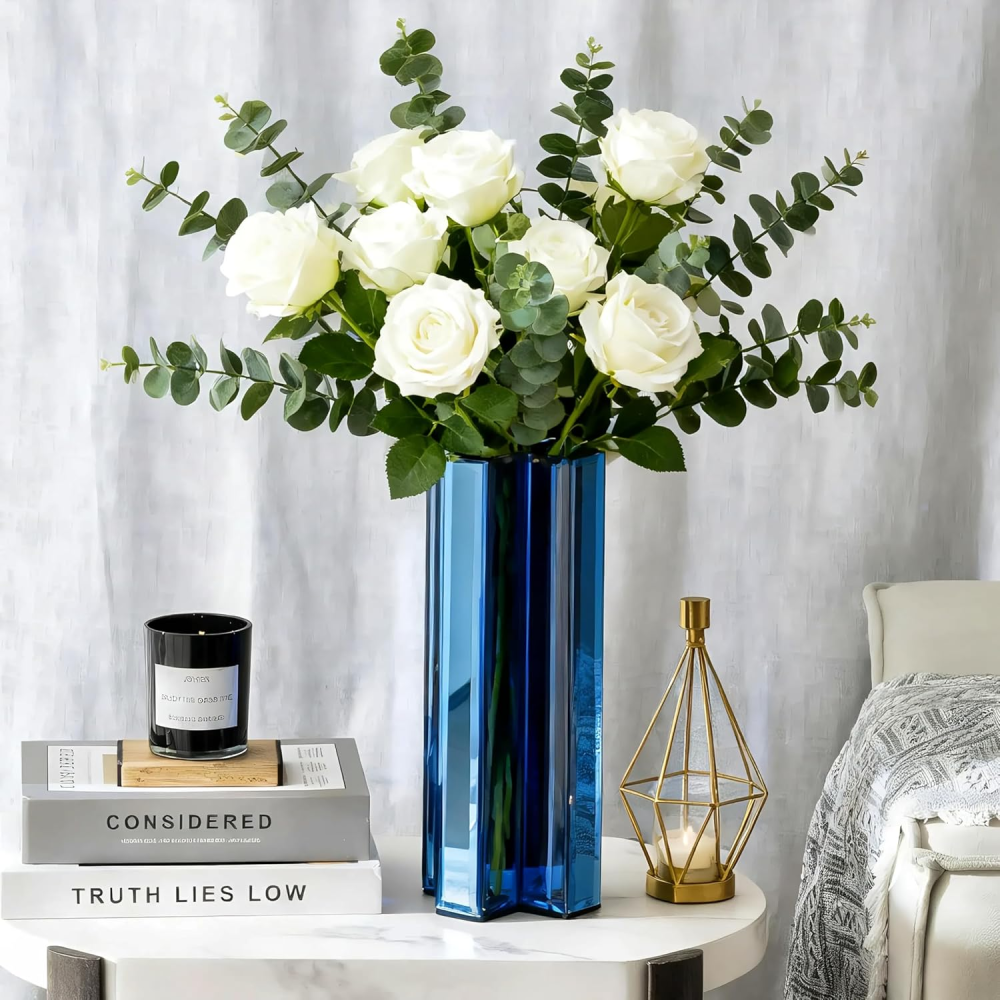 Blue 12 Inch Tall Cross-Shaped Decorative Glass Flower Vases for Home Decor