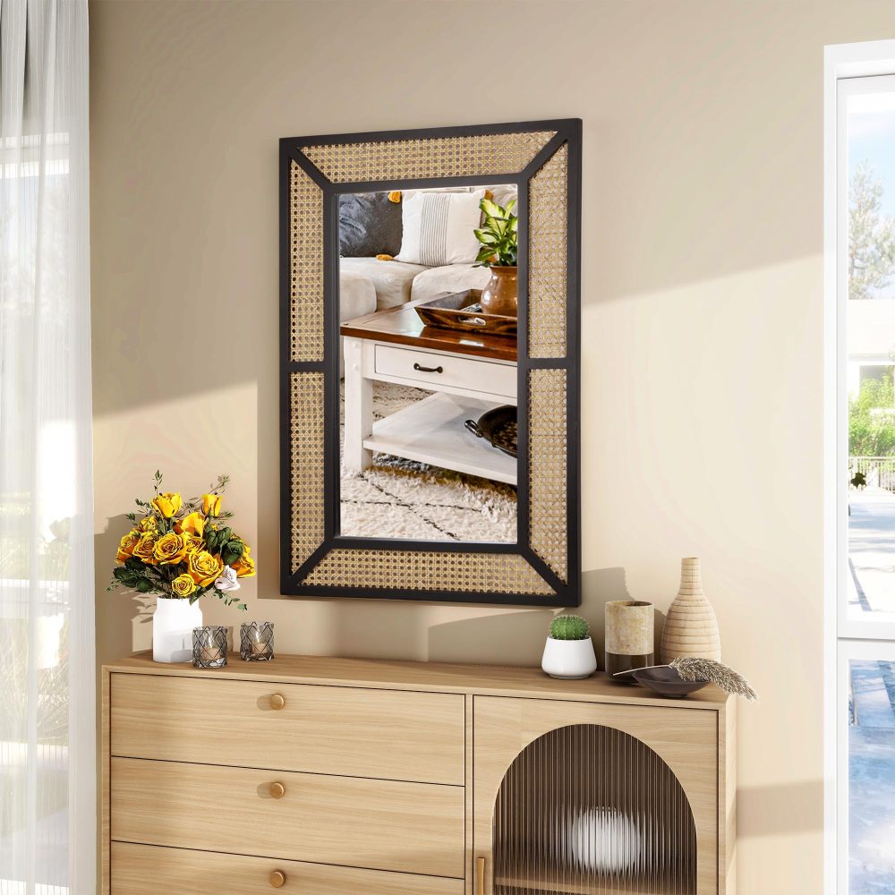 Rattan Mirror for Wall Decor Bohemian Rectangular Large Mirror, Boho Wall Mirror, Woven Wicker Hanging Mirror, 22x35 inches, Black