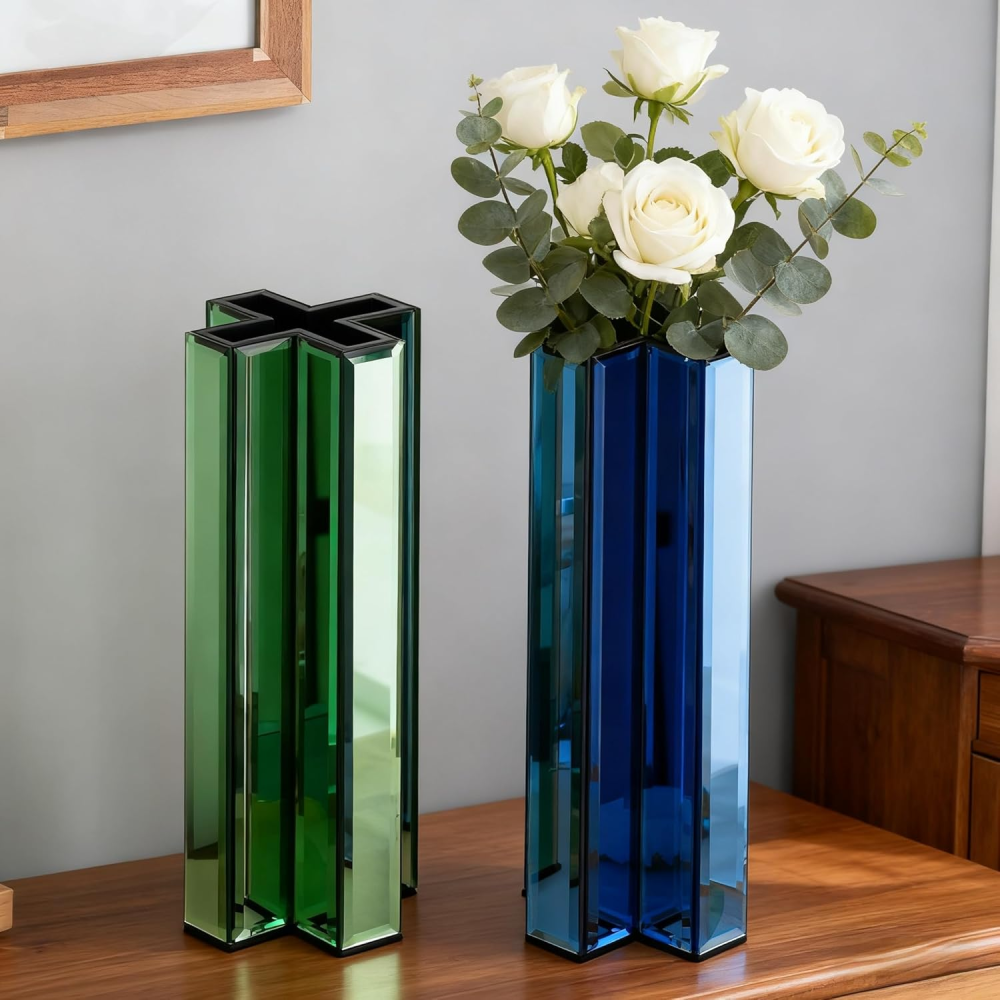 Green Glass Flower Vases for Home Decor, Living Room Table Kitchen Fireplace Decor