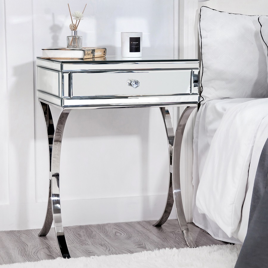 SHYFOY Mirrored Bedside Table with Stainless Steel | Silver Single Drawer Mirrored Night Table | Glass Mirror Nightstand