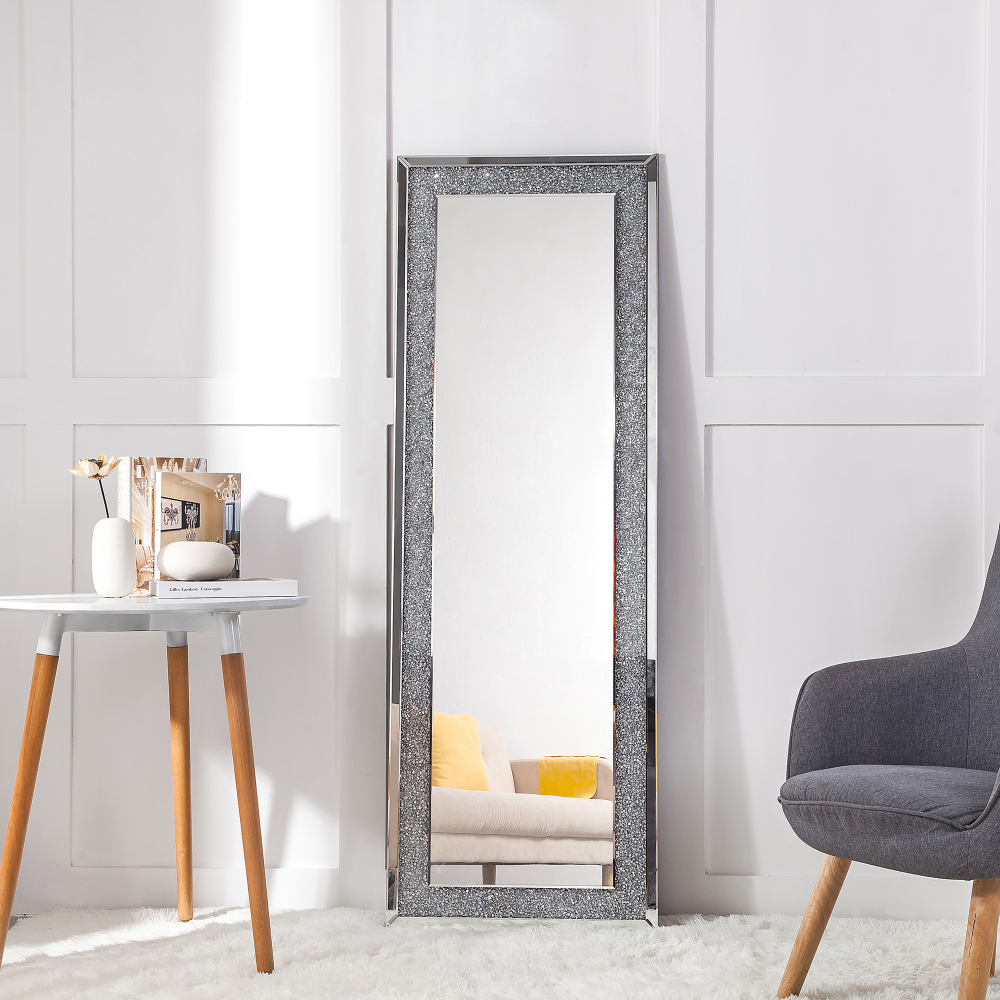 SHYFOY Sparkly Freestanding Long Mirror with Crushed Diamond, Rectangle Full Length Floor Mirror