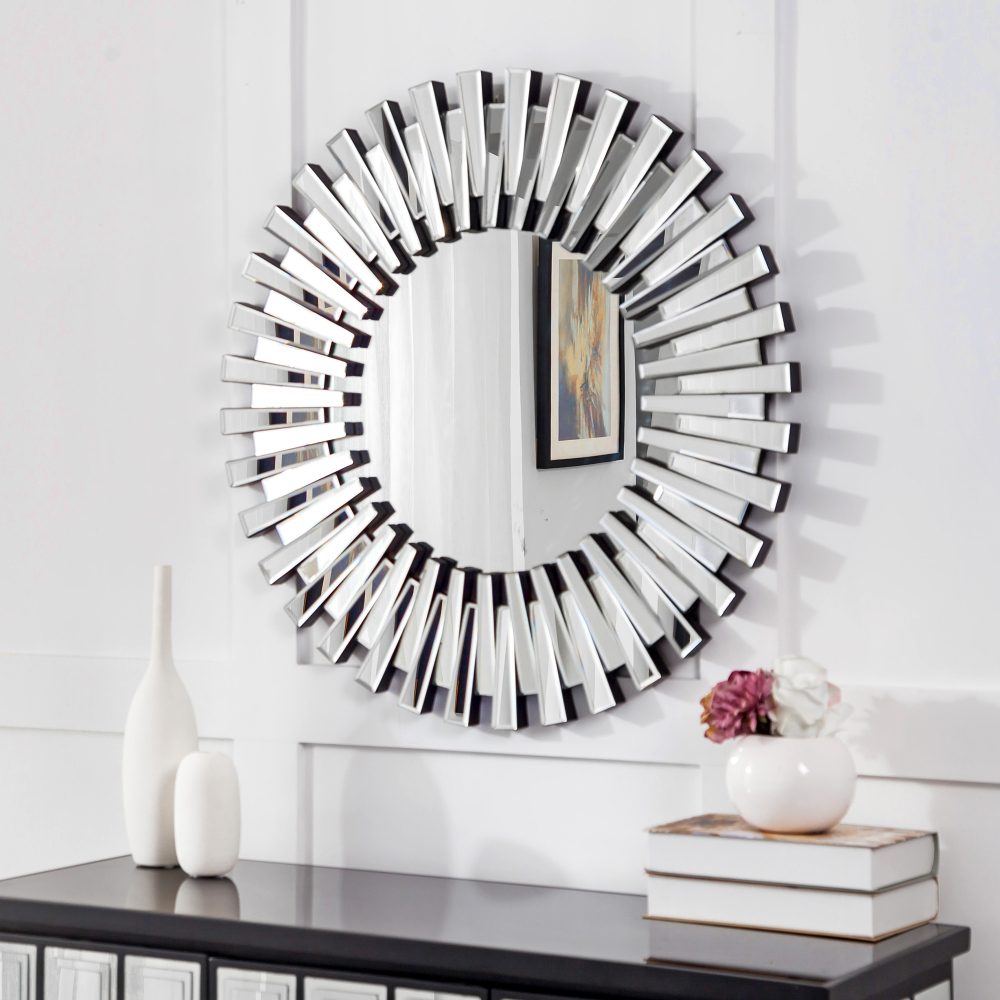 for Wall Home Decor Round Wall Mirror 32 inch Large Modern Silver Mirrors Glass Wall Art Sunburst Wall-Mounted Hanging Accent