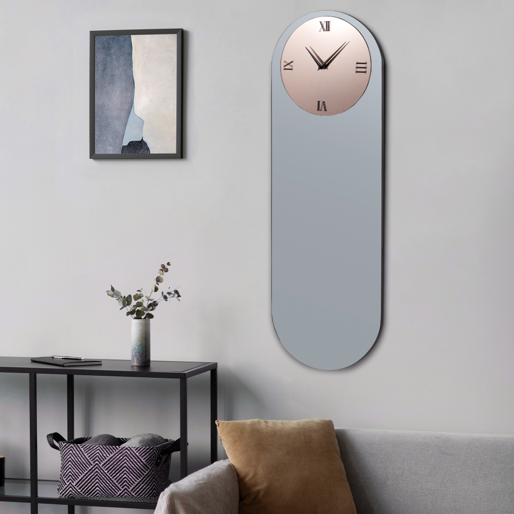 Glass Wall Clock for Living Room Decor, Modern Clocks Grey and Gold Mirror Finsh Oval Long Wall Decor