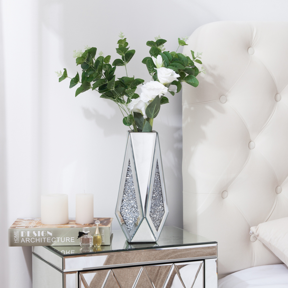 Crushed Diamond Mirror Vase Flower Vase, Silver Crystal Decorative Vase Glass Stunning Mirrored Vase Flower Luxury for Home Decor