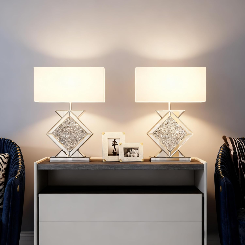 Crystal Crushed Diamond Mirrored Table Lamp, 23.6" Silver Glass Rectangular Shade Modern Glam Lamp for Bedroom, Living Room, Office
