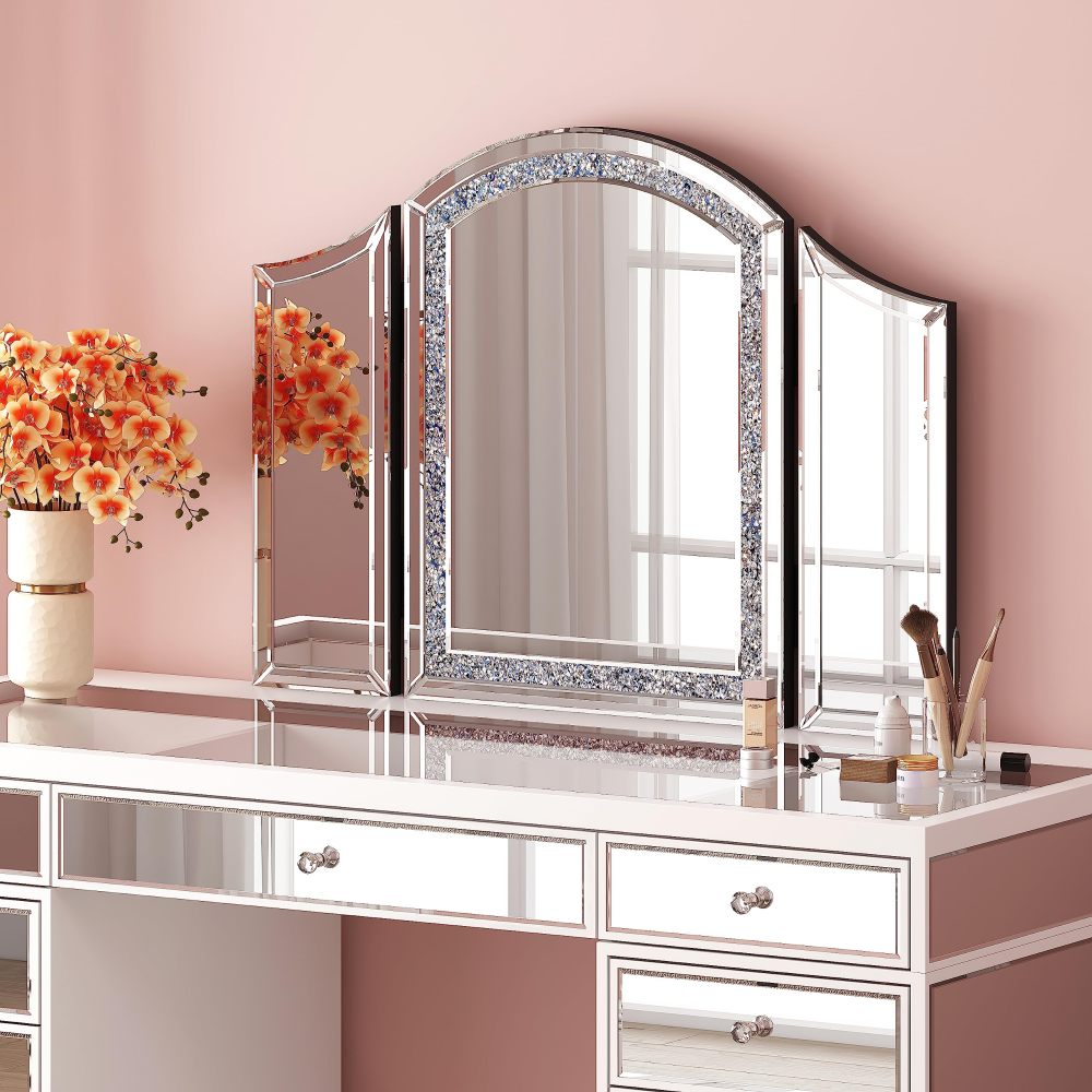 SHYFOY Trifold Mirror Vanity-Crushed Diamond 3 Way Mirror Bedrooms, Bathroom, Table top Mirror /SF-WM175