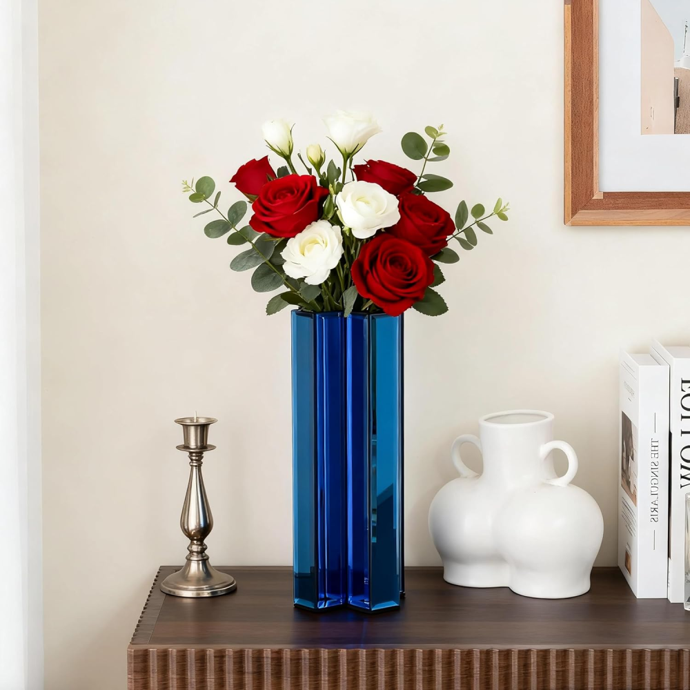 Blue 12 Inch Tall Cross-Shaped Decorative Glass Flower Vases for Home Decor