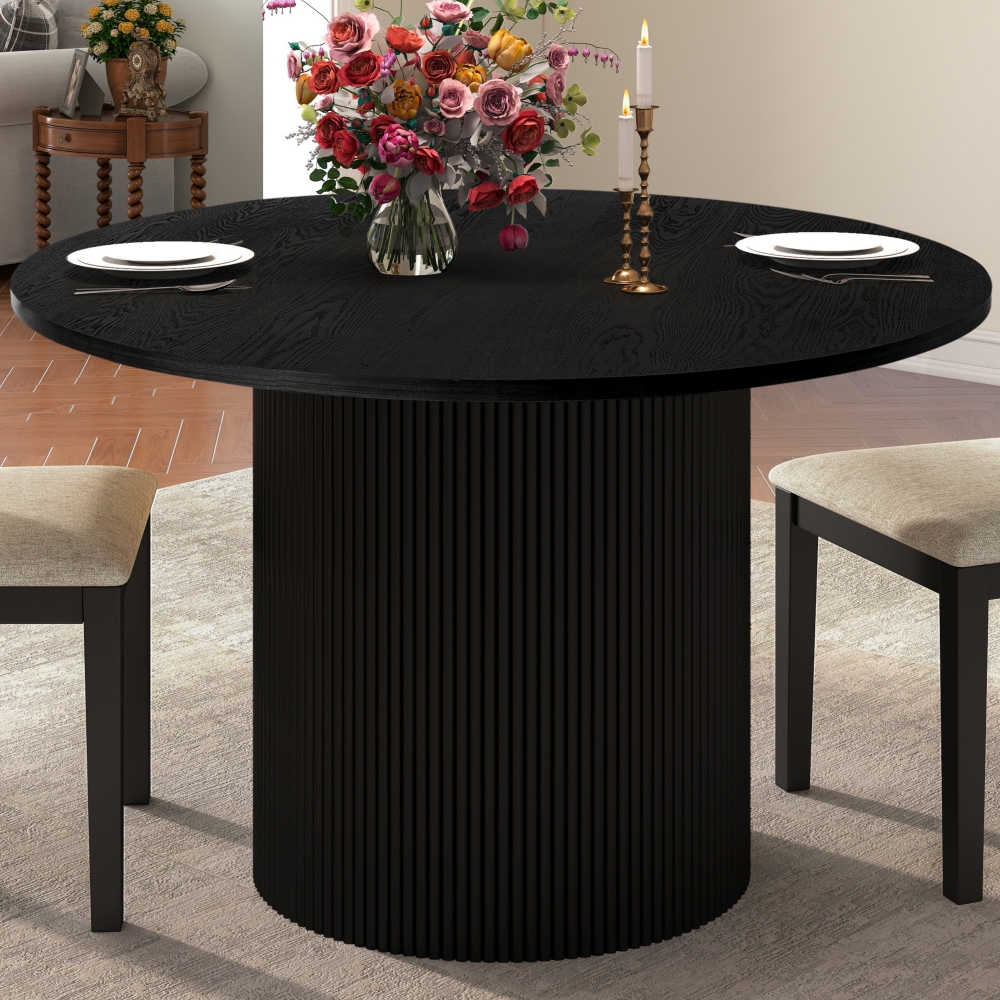Modern Round Fluted Pedestal Black Dining Table
