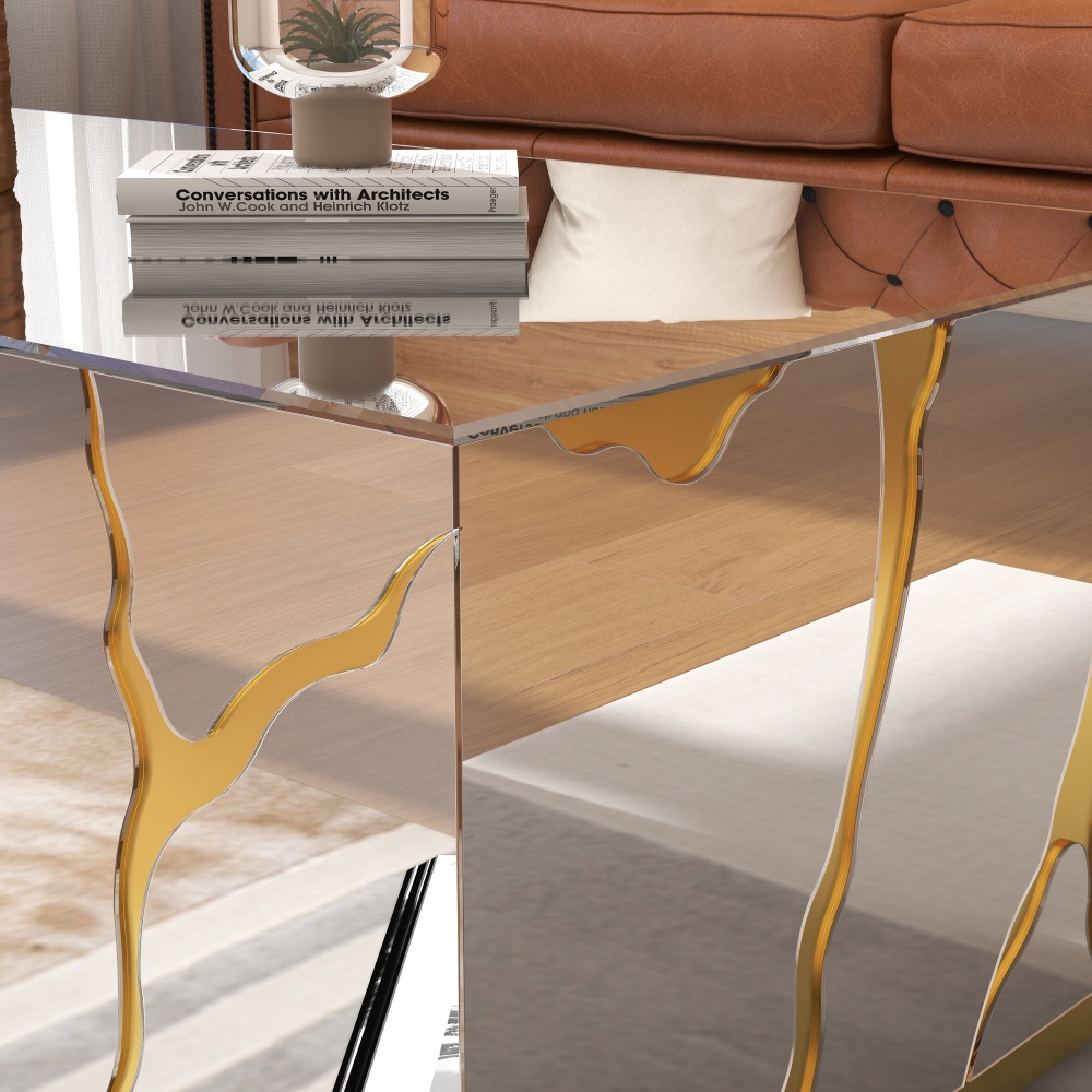 SHYFOY 39''W Mirrored Block Glass Rectangle Coffee Table With Unique Crackle Design