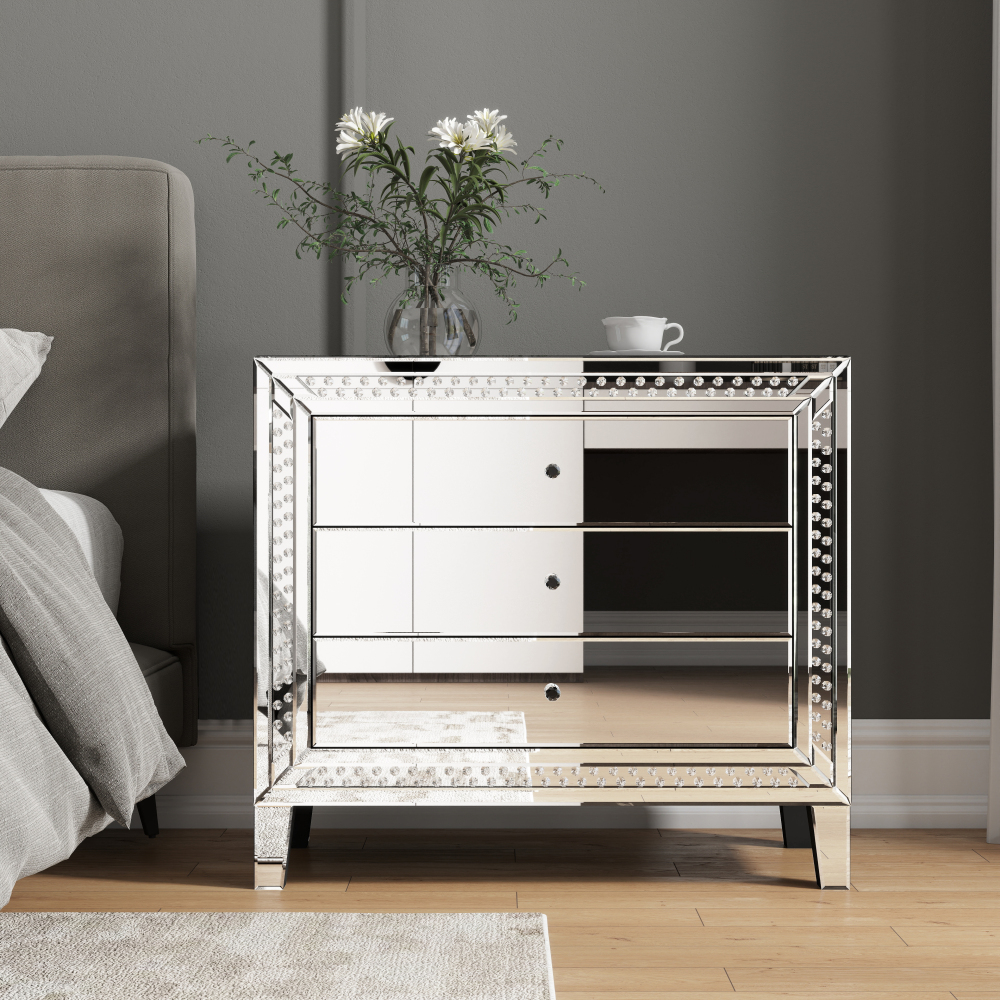 33" Large Mirrored Glass Nightstand Bedroom Crystal Decor