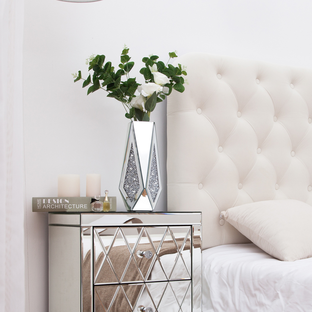 Crushed Diamond Mirror Vase Flower Vase, Silver Crystal Decorative Vase Glass Stunning Mirrored Vase Flower Luxury for Home Decor