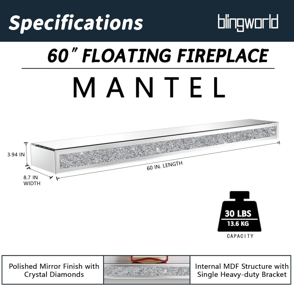 Fireplace Mantel, 48 Inch Mirrored Floating Shelf with Crystal Crushed Diamond Inlay / SF-TS132