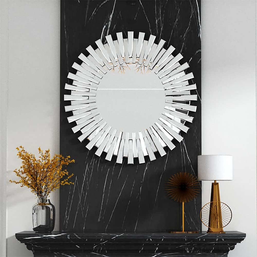 for Wall Home Decor Round Wall Mirror 32 inch Large Modern Silver Mirrors Glass Wall Art Sunburst Wall-Mounted Hanging Accent