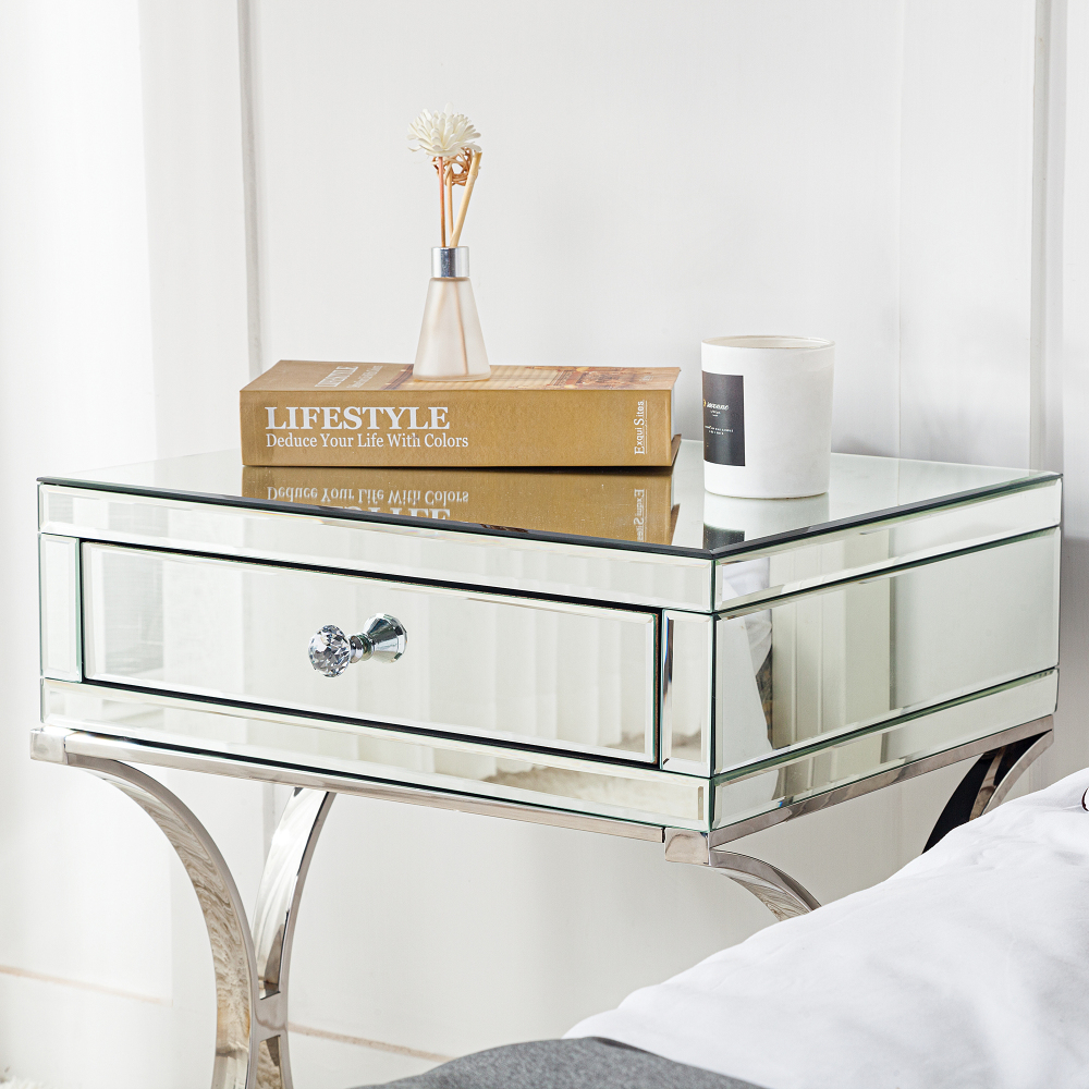SHYFOY Mirrored Bedside Table with Stainless Steel | Silver Single Drawer Mirrored Night Table | Glass Mirror Nightstand