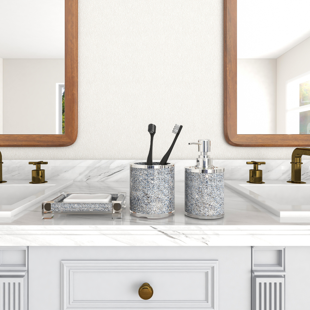 SHYFOY Silver Bathroom Set Accessory with Crushed Diamond, Modern Glass Bath Hardware Kit Sets, Sparkling Home Decoration