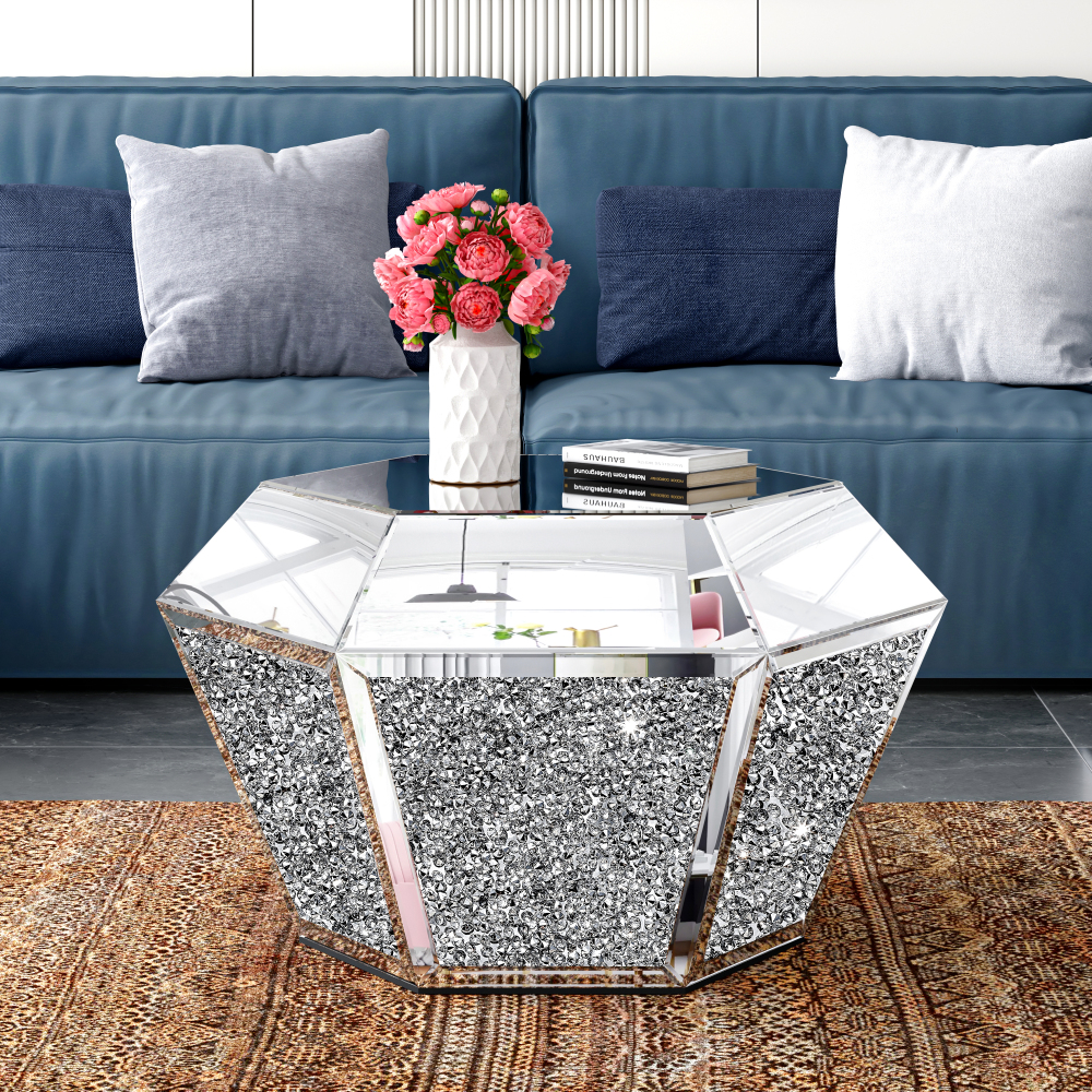 Drum Coffee Table Mirrored with Crystal Inlay, Hexagon Silver Accent Table, Modern Design Luxury Contemporary Furniture
