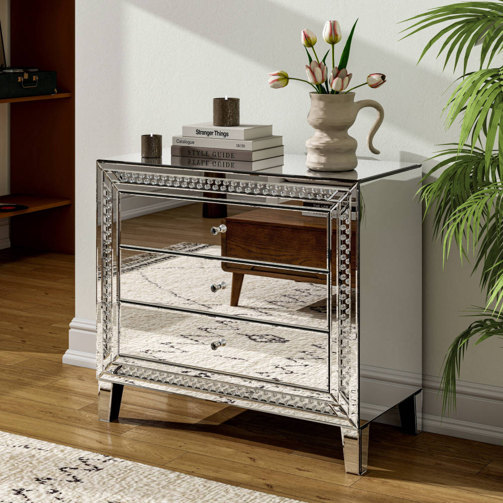 33" Large Mirrored Glass Nightstand Bedroom Crystal Decor